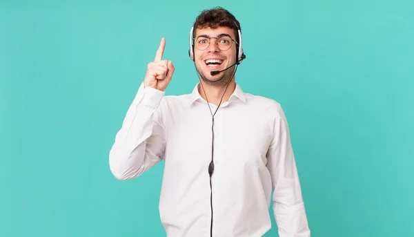 Telemarketer Feeling Happy Excited Genius Realizing Idea Cheerfully Raising Finger — Stock Photo, Image