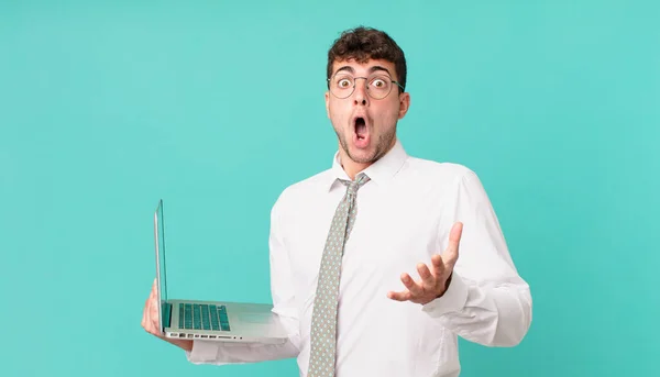 Businessman Laptop Open Mouthed Amazed Shocked Astonished Unbelievable Surprise Stock Image