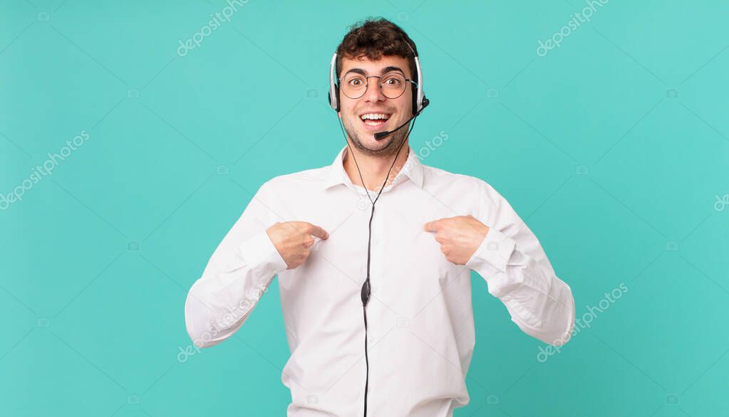 telemarketer feeling happy, surprised and proud, pointing to self with an excited, amazed look