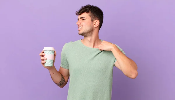 Homme Avec Café Sentant Stressé Anxieux Fatigué Frustré Tirant Col — Photo