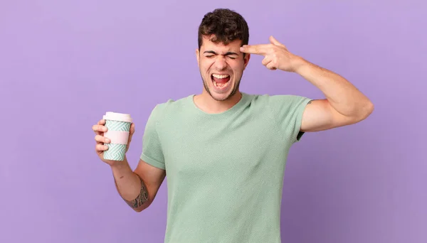 Man Med Kaffe Ser Olycklig Och Stressad Självmord Gest Gör — Stockfoto