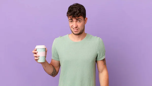 Man Coffee Feeling Puzzled Confused Dumb Stunned Expression Looking Something — Stockfoto