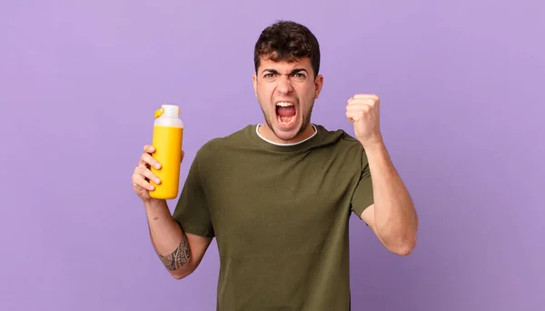 Man Smoothy Shouting Aggressively Angry Expression Fists Clenched Celebrating Success — Stock Photo, Image