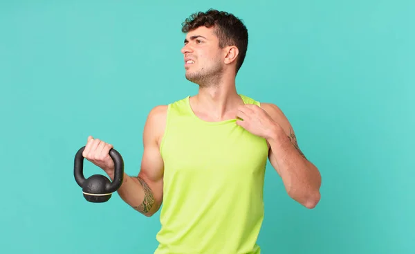 Fitness Man Feeling Stressed Anxious Tired Frustrated Pulling Shirt Neck — Stock Photo, Image