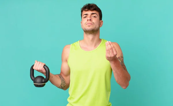 Hombre Fitness Haciendo Capice Gesto Dinero Diciéndole Que Pague Sus — Foto de Stock