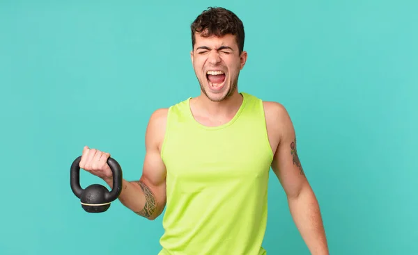 Fitness Man Shouting Aggressively Looking Very Angry Frustrated Outraged Annoyed — Stock Photo, Image