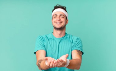 Fitness adamı güler yüzle güler arkadaş canlısı, kendine güvenen, olumlu bakışlı, bir nesne ya da konsept sunan ve gösteren