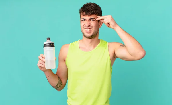 Fitness Man Feeling Confused Puzzled Showing You Insane Crazy Out — Stock Photo, Image