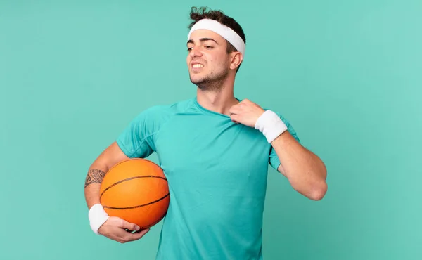 Fitness Man Feeling Stressed Anxious Tired Frustrated Pulling Shirt Neck — Stock Photo, Image