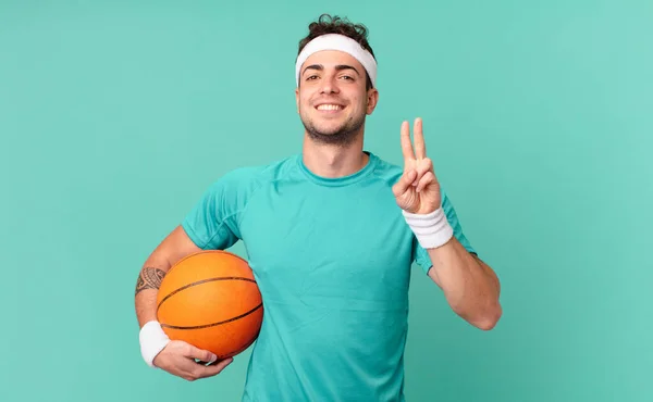 Fitness Man Smiling Looking Friendly Showing Number Two Second Hand — Stock Photo, Image