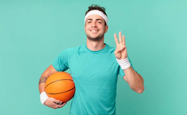 Fitness Man Smiling Looking Friendly Showing Number Three Third Hand — Stock Photo, Image