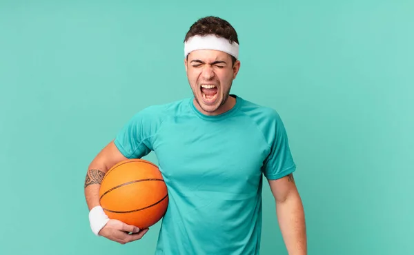 Fitness Man Shouting Aggressively Looking Very Angry Frustrated Outraged Annoyed — Stock Photo, Image