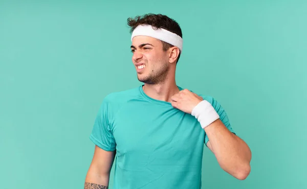 Fitness Man Feeling Stressed Anxious Tired Frustrated Pulling Shirt Neck — Stock Photo, Image