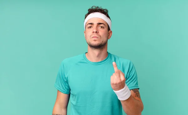 Fitness Man Feeling Angry Annoyed Rebellious Aggressive Flipping Middle Finger — Stock Photo, Image