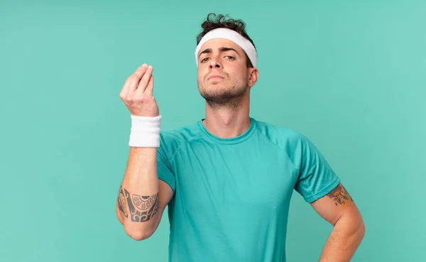 Γυμναστής Κάνει Capice Χειρονομία Χρήματα Σας Λέει Πληρώσει Χρέη Σας — Φωτογραφία Αρχείου
