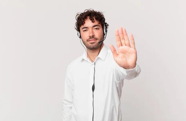 Telemarketer Looking Serious Stern Displeased Angry Showing Open Palm Making — Stock Photo, Image
