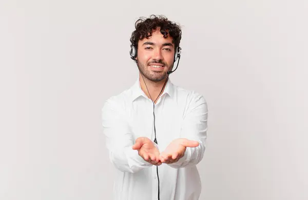 Telemarketer Smiling Happily Friendly Confident Positive Look Offering Showing Object — Stock Photo, Image