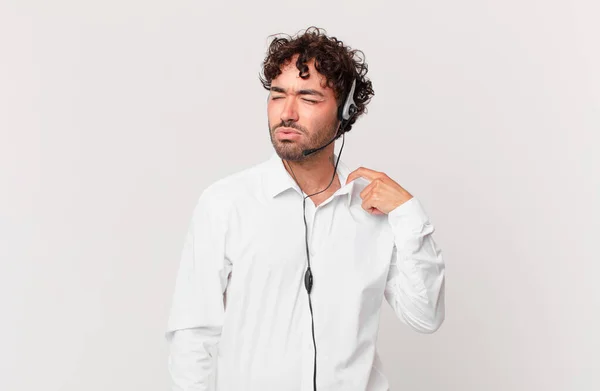 Telemarketer Sentindo Estressado Ansioso Cansado Frustrado Puxando Pescoço Camisa Parecendo — Fotografia de Stock