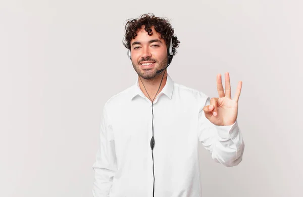 Telemarketer Smiling Looking Friendly Showing Number Three Third Hand Forward — Stock Photo, Image