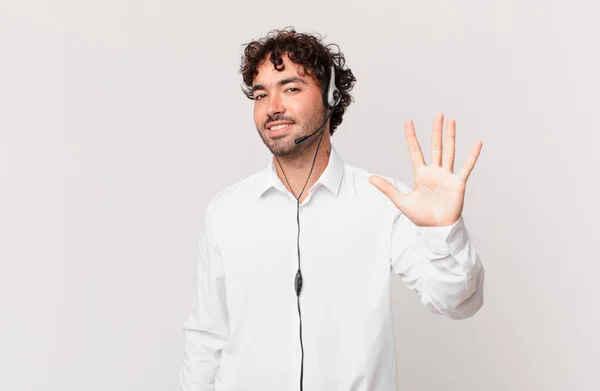 Telemarketer Smiling Looking Friendly Showing Number Five Fifth Hand Forward — Stock Photo, Image