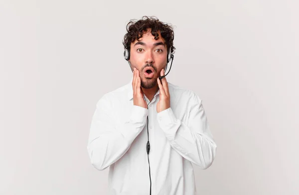 Telemarketer Feeling Shocked Scared Looking Terrified Open Mouth Hands Cheeks — Stock Photo, Image