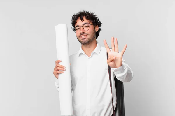 Architect Smiling Looking Friendly Showing Number Four Fourth Hand Forward — Stock Photo, Image