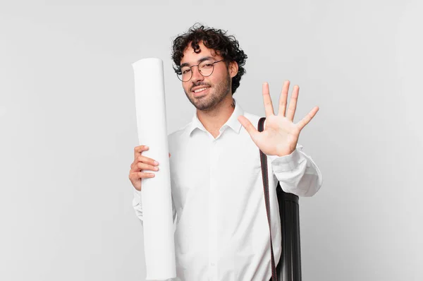 Architect Smiling Looking Friendly Showing Number Five Fifth Hand Forward — Stock Photo, Image