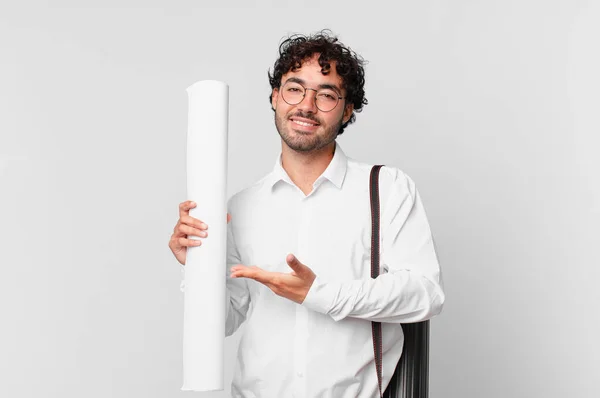 Architect Smiling Cheerfully Feeling Happy Showing Concept Copy Space Palm — Stock Photo, Image