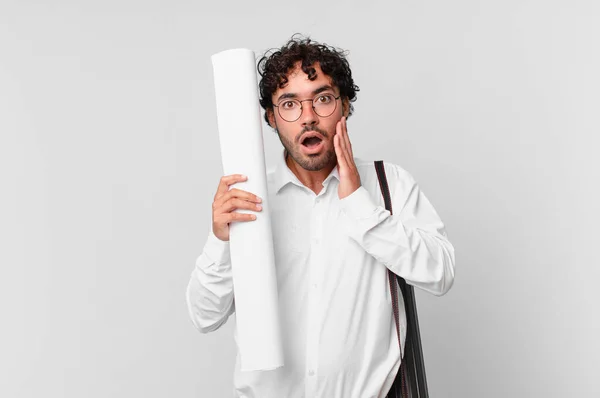 Architect Feeling Shocked Scared Looking Terrified Open Mouth Hands Cheeks — Stock Photo, Image