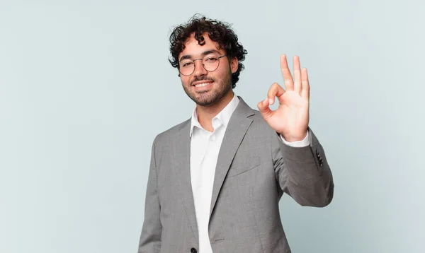 Hispanic Businessman Feeling Happy Relaxed Satisfied Showing Approval Okay Gesture — Fotografia de Stock