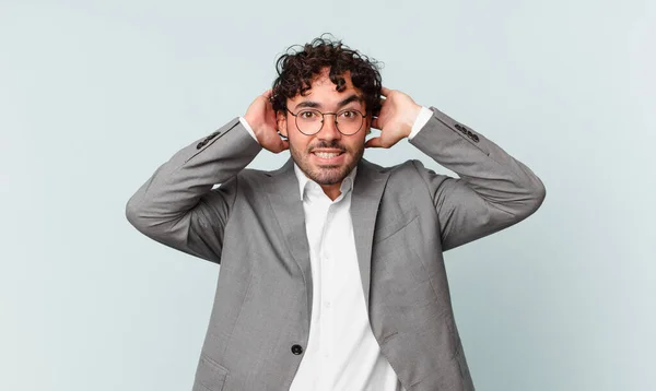 Hispanic Businessman Feeling Stressed Worried Anxious Scared Hands Head Panicking — Fotografia de Stock