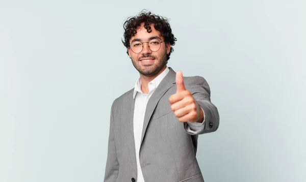 Hispanic Businessman Feeling Proud Carefree Confident Happy Smiling Positively Thumbs — Foto Stock