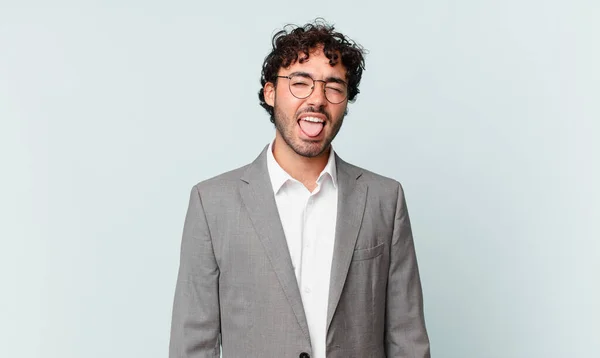 Hispanic Businessman Cheerful Carefree Rebellious Attitude Joking Sticking Tongue Out — Stock Photo, Image