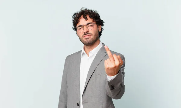 Hispanic Businessman Feeling Angry Annoyed Rebellious Aggressive Flipping Middle Finger — Foto Stock