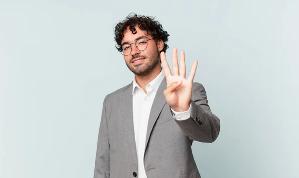 Hispanic Businessman Smiling Looking Friendly Showing Number Four Fourth Hand — Foto Stock