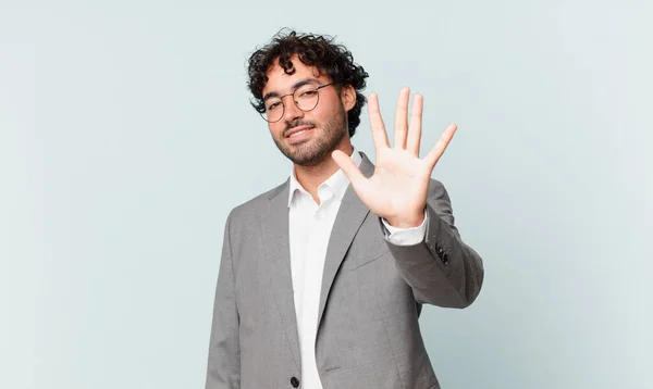 Hispanic Businessman Smiling Looking Friendly Showing Number Five Fifth Hand — Fotografia de Stock