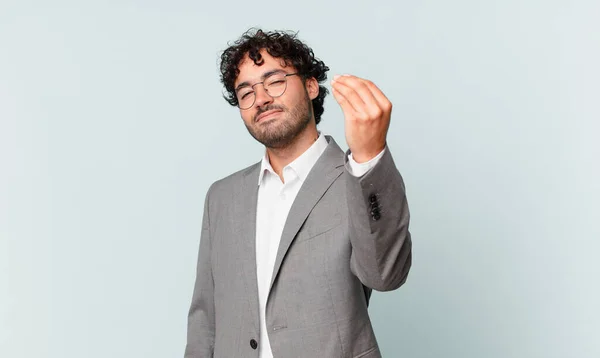 Hispanic Businessman Making Capice Money Gesture Telling You Pay Your — Zdjęcie stockowe