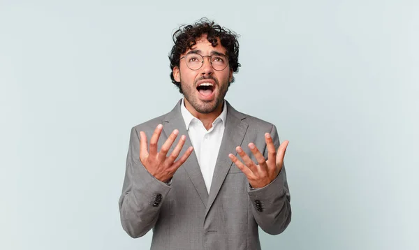 Hispanic Businessman Looking Desperate Frustrated Stressed Unhappy Annoyed Shouting Screaming — Stockfoto