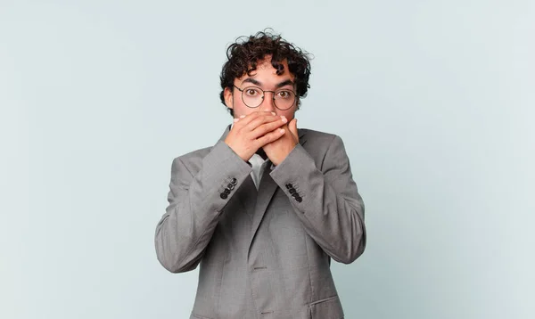 Hispanic Businessman Covering Mouth Hands Shocked Surprised Expression Keeping Secret — Fotografia de Stock