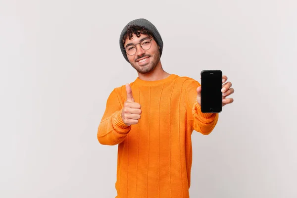 Hispanic Man Cell Feeling Proud Carefree Confident Happy Smiling Positively — Stockfoto