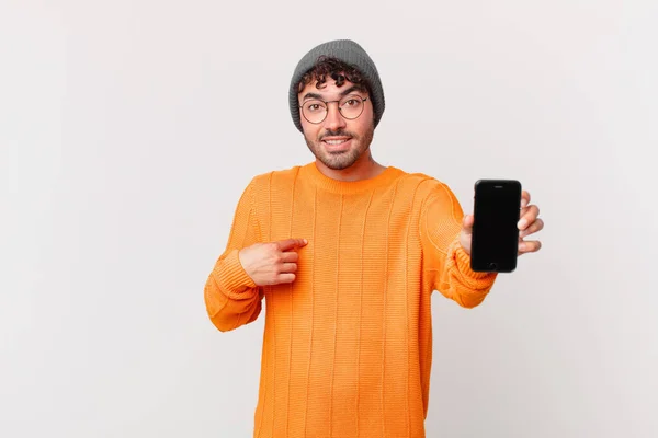 Hispanic Man Cell Feeling Happy Surprised Proud Pointing Self Excited — Stockfoto