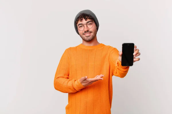 Hispanic Man Cell Smiling Cheerfully Feeling Happy Showing Concept Copy — Stock Photo, Image