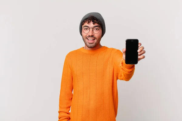 Hispanic Man Cell Looking Happy Pleasantly Surprised Excited Fascinated Shocked — Stock Photo, Image