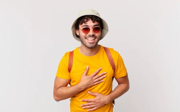 Hispanic Tourist Man Laughing Out Loud Some Hilarious Joke Feeling — Stock Photo, Image