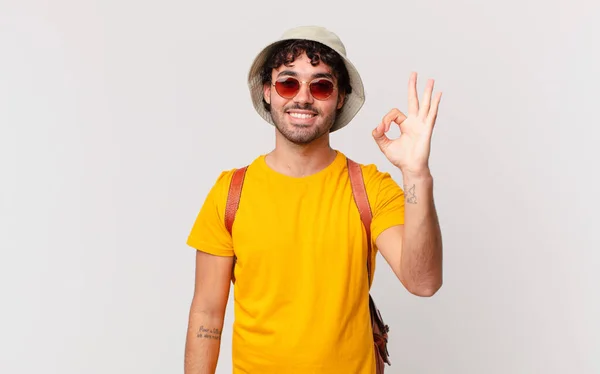 Hispanic Tourist Man Feeling Happy Relaxed Satisfied Showing Approval Okay — Stock Photo, Image