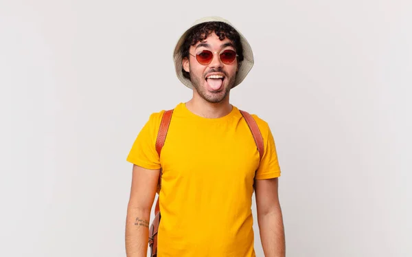 Hispanic Tourist Man Cheerful Carefree Rebellious Attitude Joking Sticking Tongue — Stock Photo, Image