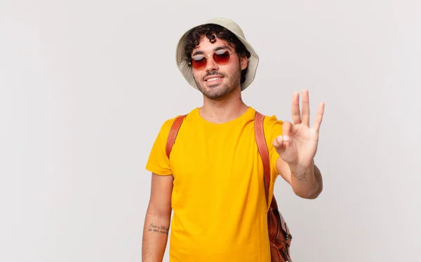 Hispanic Tourist Man Smiling Looking Friendly Showing Number Three Third — Stock Photo, Image