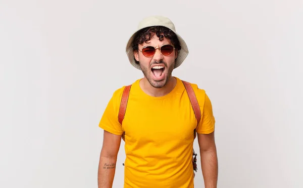 Hispanic Tourist Man Shouting Aggressively Looking Very Angry Frustrated Outraged — Stock Photo, Image