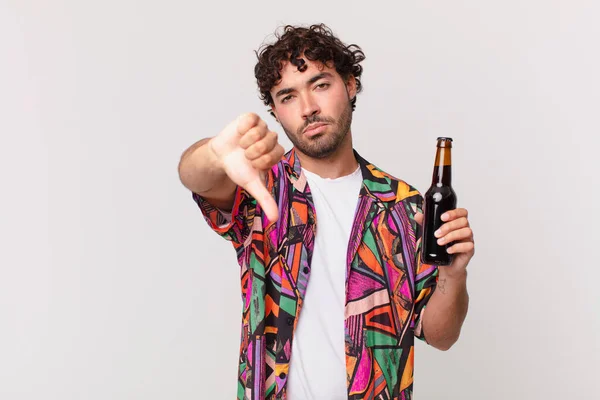 Hispanic Man Beer Feeling Cross Angry Annoyed Disappointed Displeased Showing — Stock Photo, Image