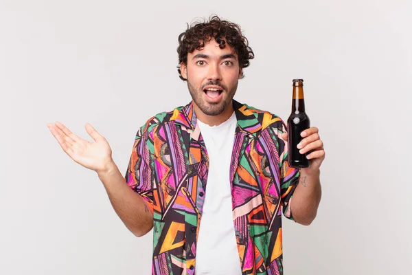 Hispanic Man Beer Feeling Happy Excited Surprised Shocked Smiling Astonished — Stock Photo, Image
